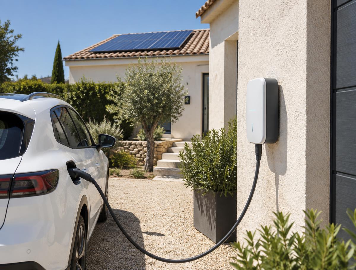 Borne de recharge murale devant une maison
